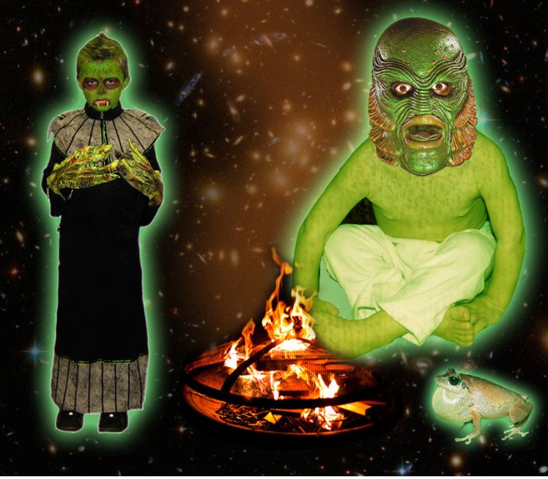 Two green-skinned figures, one in a black robe and one in white pants, stand by a fire pit with a frog.