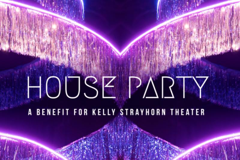 Symmetrical purple and silver tinsel streamers with neon purple lights, reflecting on a dark background, framing "HOUSE PARTY" text.