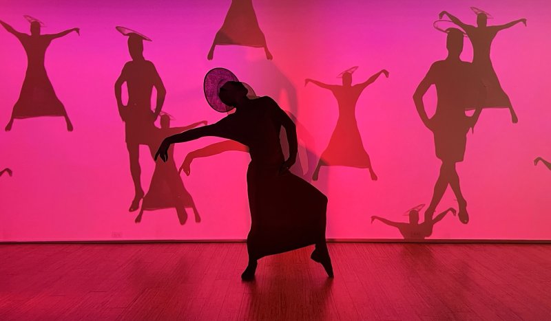 A dancer in a wide-brimmed hat poses on a wooden floor, silhouetted against a vibrant pink wall with multiple shadow figures.