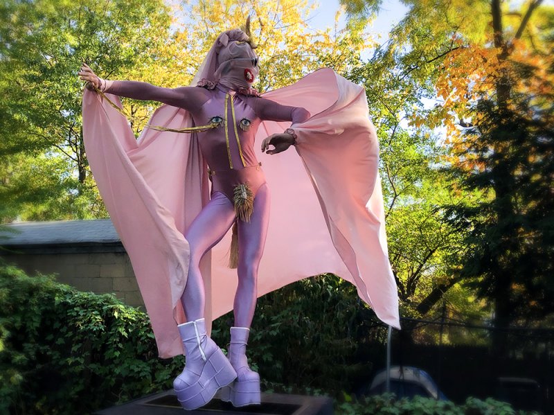 Performance artist in a pink bodysuit, mask, cape, and platform boots, arms outstretched against autumn trees.