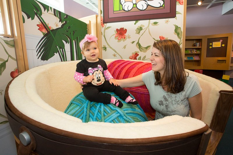 A baby in a Minnie Mouse outfit sits on a giant blue yarn ball next to a smiling woman in a large, plush basket.