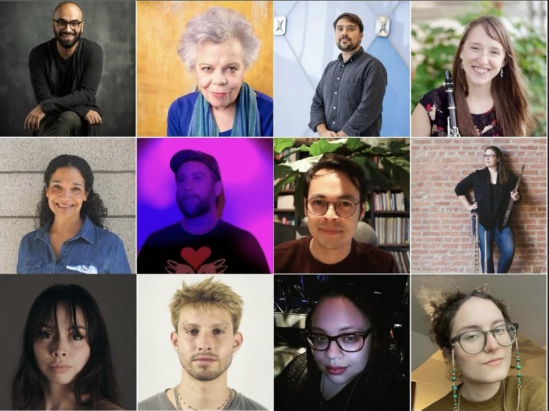 Twelve-panel grid shows portraits of diverse people. Some hold musical instruments, set against varied backgrounds, with different lighting and color palettes.