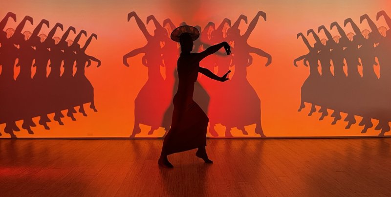 Silhouetted dancer in a wide-brimmed hat and long dress, striking a pose with arms bent, against an orange backdrop with repeating shadows.