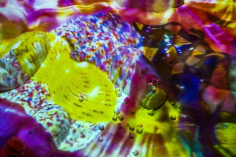 Abstract artwork with vibrant yellow, purple, and red light projected onto a textured surface with small cubes.