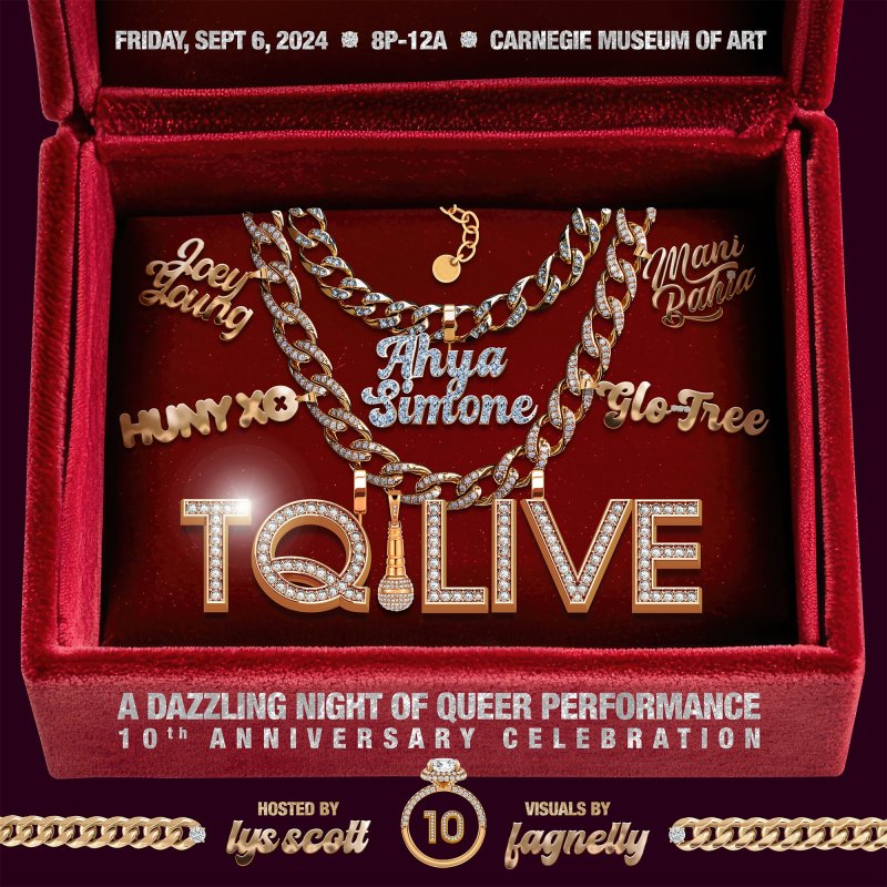Red velvet jewelry box with gold and diamond necklaces spelling "TQ LIVE!", "Ahya Sintone", and other names.