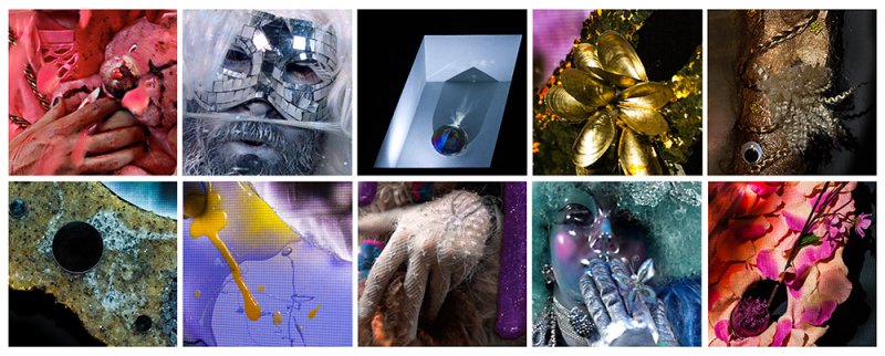 Ten panel grid of surreal photographs: hands, masks, iridescent orbs, gold mussels, and floral elements in a range of colors and textures.