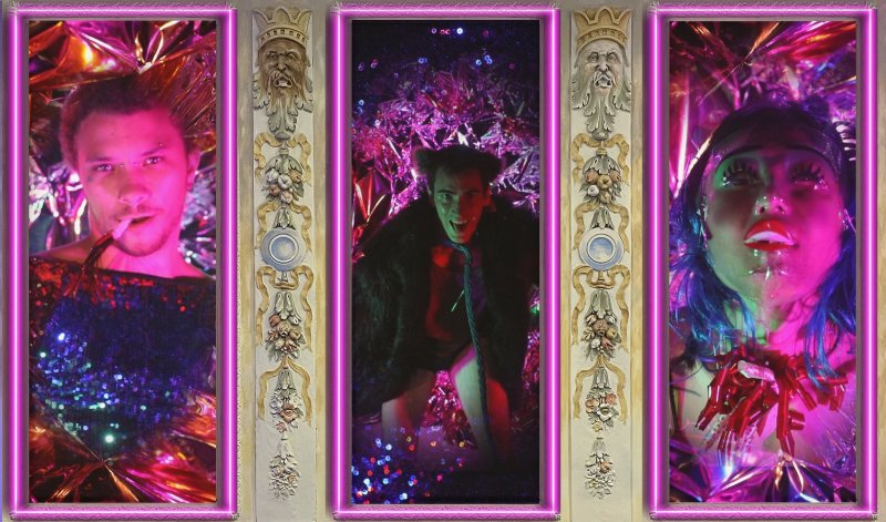 Three vertical video panels: left, a man smoking; center, a man in a fur coat; right, a woman with blue hair. All in shiny pink/purple settings.