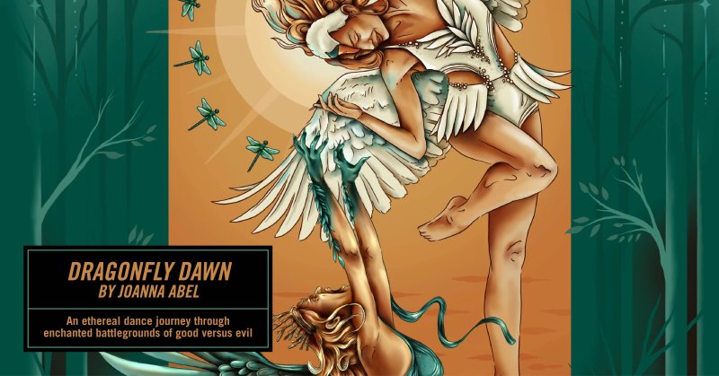 Illustration of two figures, one swan-like, against orange and green forest backdrop with dragonflies and sun rays.