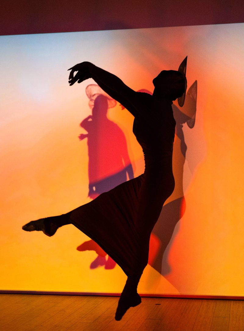 Silhouette of a dancer in a long dress and pointed hat, mid-leap, against an orange and blue gradient background with a red shadow.