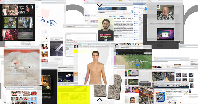 Collage of overlapping internet browser windows displaying diverse content: a cat, a shirtless man, news articles, and social media.
