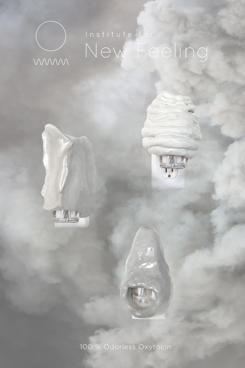 Three white, organic-shaped air fresheners plugged into outlets, floating amidst white clouds. Text reads "Institute for New Feeling" and "100% Odorless Oxytocin.
